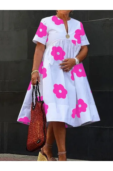 A-Line Loose Flower Print Pleated Split-Joint Round-Neck Midi Dresses