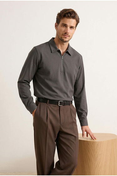 Anthracite Regular Fit Gabardine Polo Collar Men's Shirt
