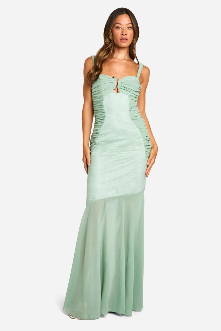 Tall Lace Chiffon Mix Ruched Maxi Dress
