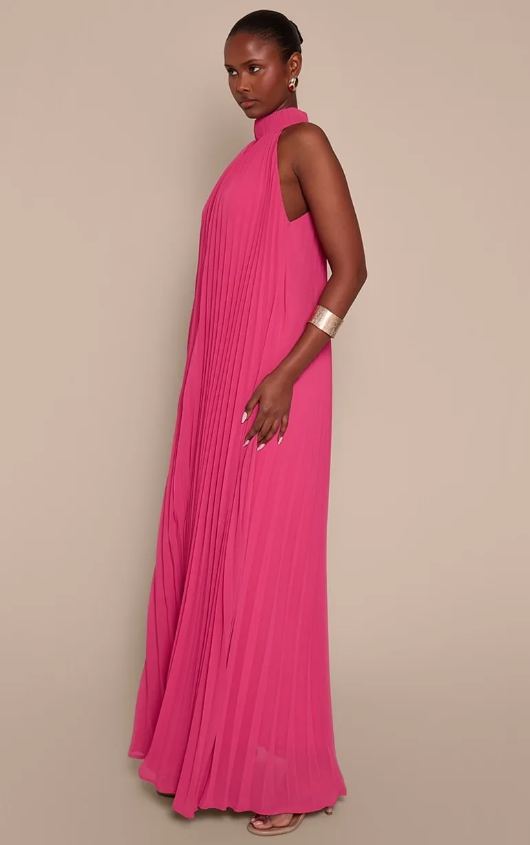 فستان ماكسي بليسية بياقة عالية - زهري - 2