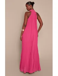 فستان ماكسي بليسية بياقة عالية - زهري - 1