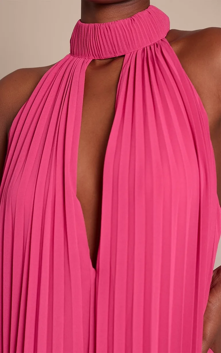 فستان ماكسي بليسية بياقة عالية - زهري - 3