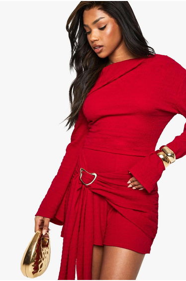 Textured Asymmetric Playsuit - red