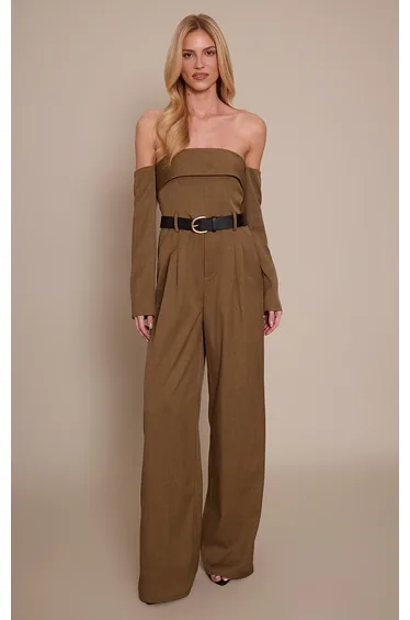 Khaki Woven Bardot Long Sleeve Belt Detail Jumpsuit