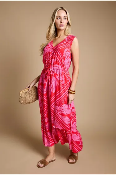Pink Tropical Sleeveless Drawstring Waist Tiered Maxi Dress
