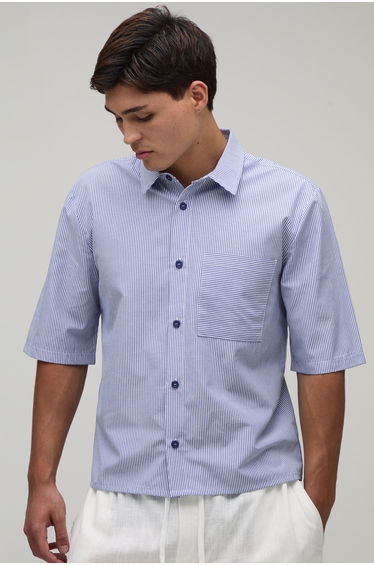 Boxy Crop Half Sleeve Stripe Shirt - navy