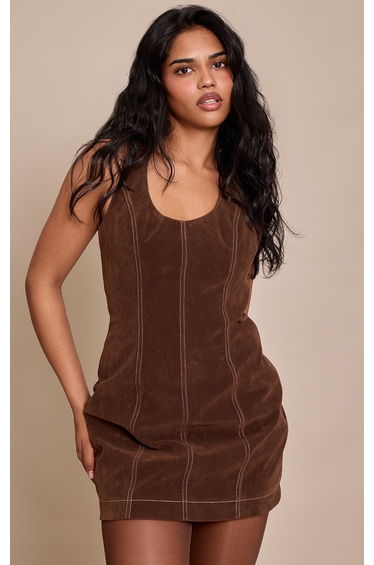 Petite Chocolate Suede Halterneck Fitted Mini Dress
