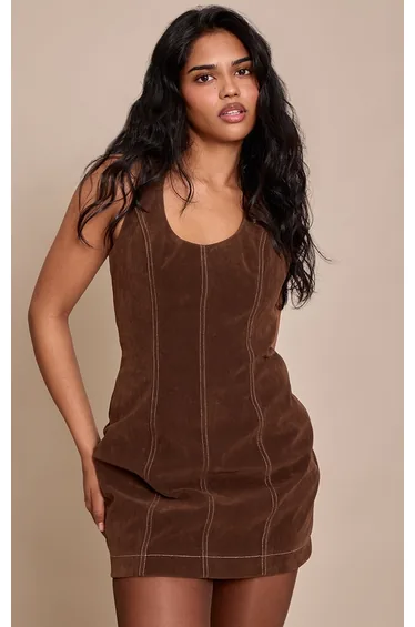 Petite Chocolate Suede Halterneck Fitted Mini Dress