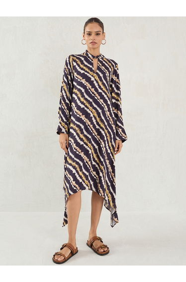 Black Abstract Print Asymmetric Hem A-Line Maxi Dress