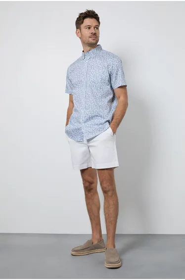 Blue Leaf Print Short Sleeve Shirt