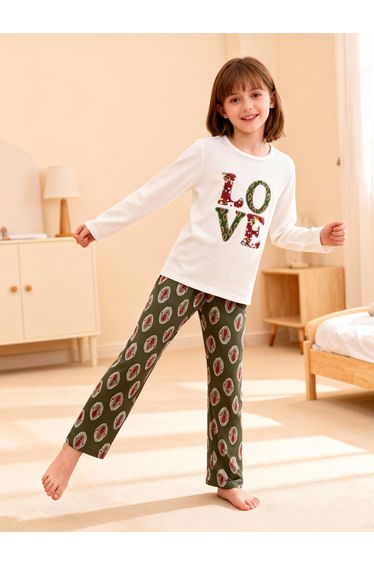 Girls Text Print Round Neck Top and Printed Pyjama Set