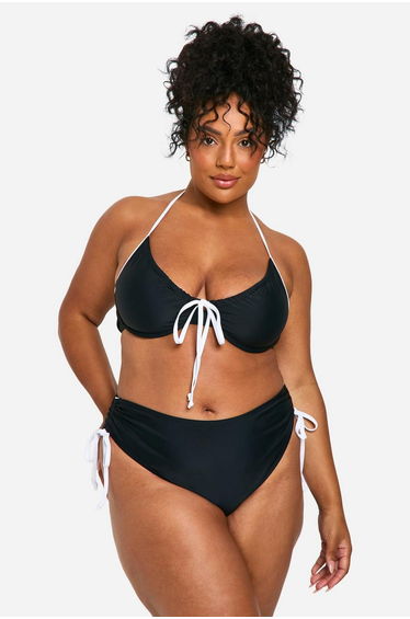 Plus Contrast Tie Front Bikini Top - black