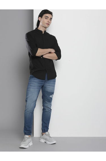 Men Black Mandarin Collar Shirt