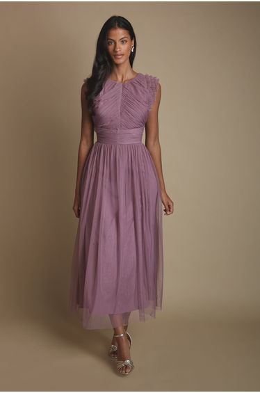 Petite Pleat Bodice Ruffle Mesh Bridesmaid Midi Dress