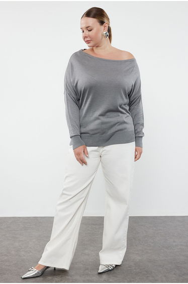 Gray Boat Neck Knitwear Sweater