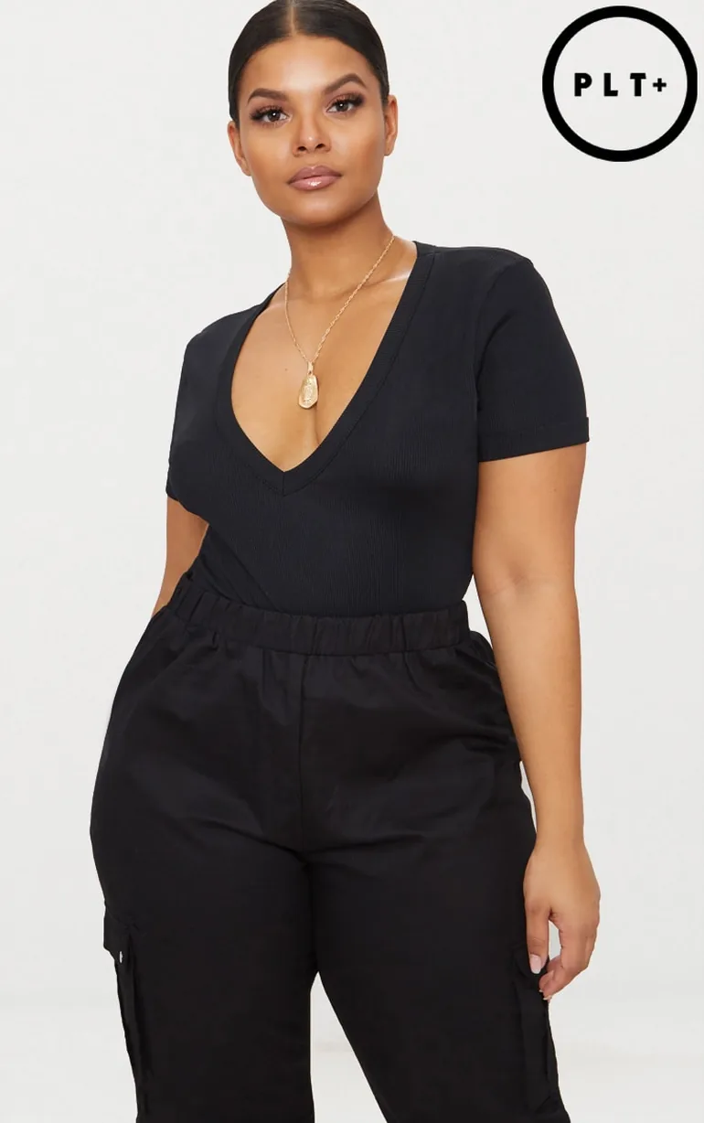 Plus Black Ribbed Plunge Short Sleeve Bodysuit
