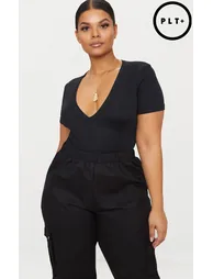 Plus Black Ribbed Plunge Short Sleeve Bodysuit