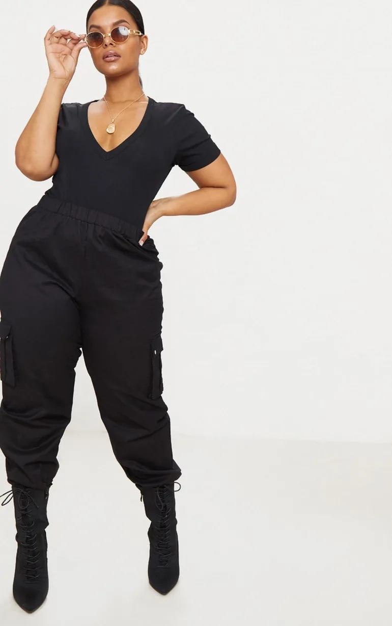 Plus Black Ribbed Plunge Short Sleeve Bodysuit - 1