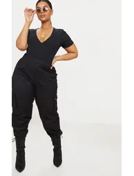 Plus Black Ribbed Plunge Short Sleeve Bodysuit - 1