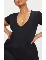 Plus Black Ribbed Plunge Short Sleeve Bodysuit - 2