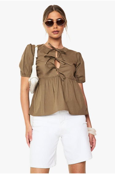 Cotton Poplin Tie Front Smock Top