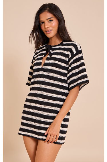 Black Monochrome Striped Texture Boxy Shift Dress