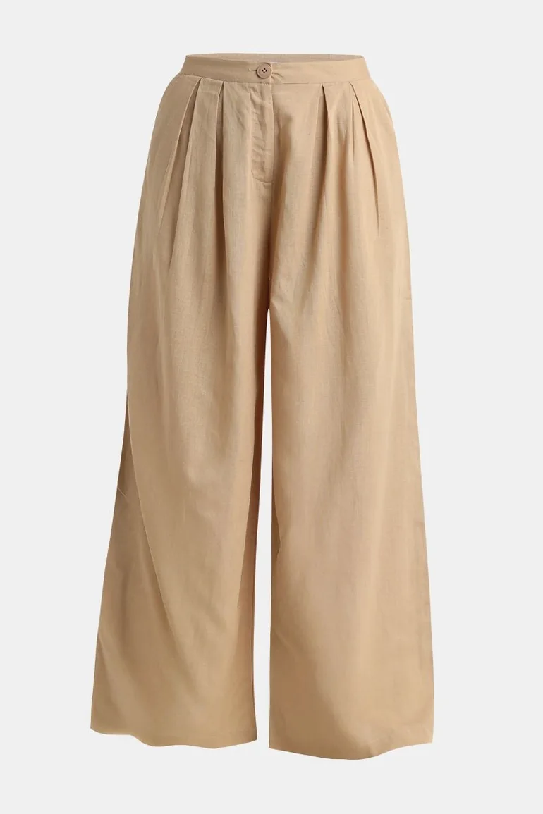 Women's Flowy Wide-Leg Pants  Solid Color, Front Pleats - 4