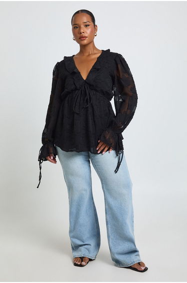 Plus Burnout Chiffon Ruffle Smock Top - black