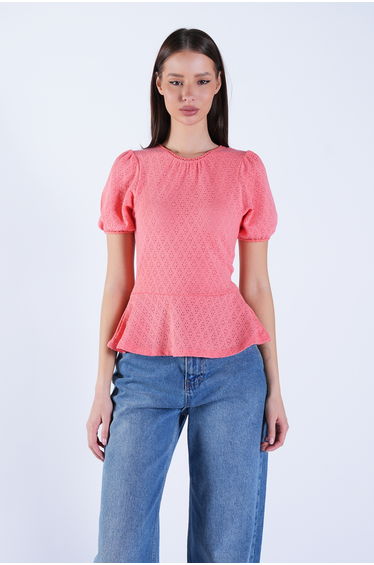Women's Salmon Crew Neck Openwork Blouse