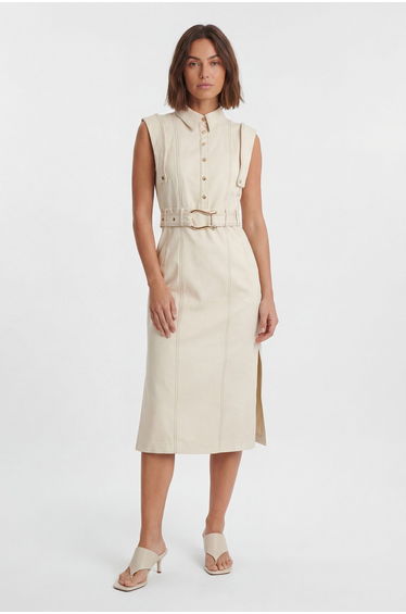 Petite Tailored Top Stitch Detail Belted Midi Dress