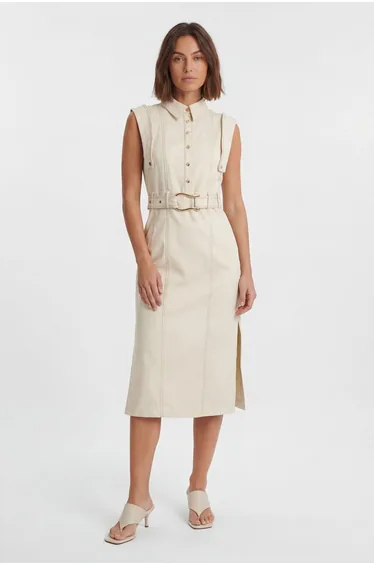Petite Tailored Top Stitch Detail Belted Midi Dress