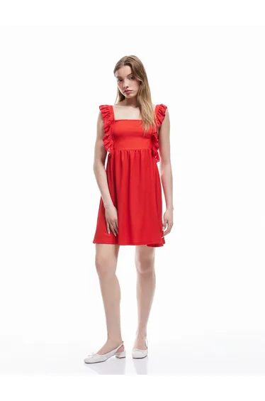 Sleeveless Square Neck Crepe Mini Dress with Ruffled Scallop Detail