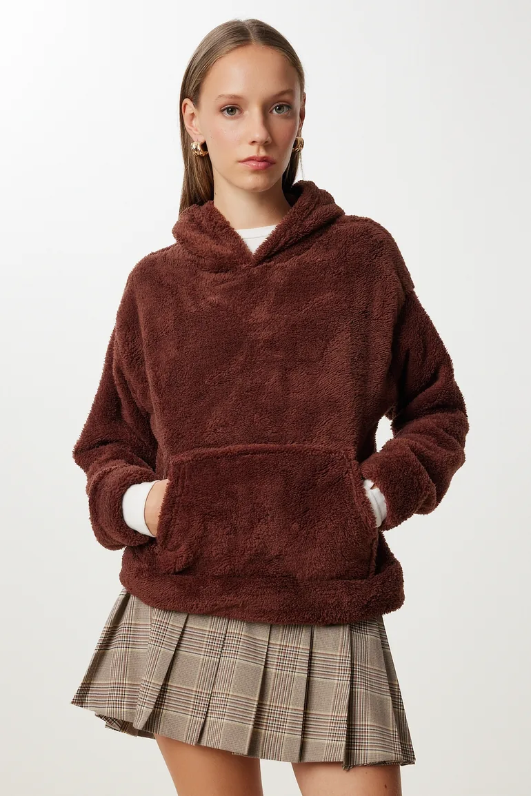 Women's Brown Hooded Pocket Fleece Sweatshirt - 1