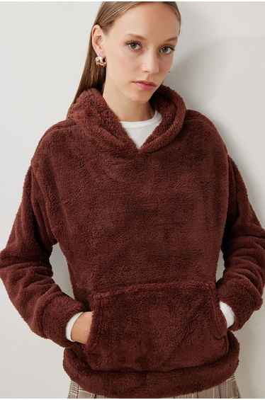 Women's Brown Hooded Pocket Fleece Sweatshirt
