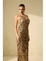Radiance Starlet Gold Sequin Fishnet Maxi Dress - 7