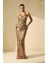 Radiance Starlet Gold Sequin Fishnet Maxi Dress - 2