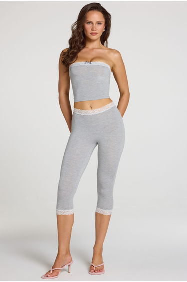 Modal Lace-Trim Mid-Rise Capri Trousers in Grey Marl