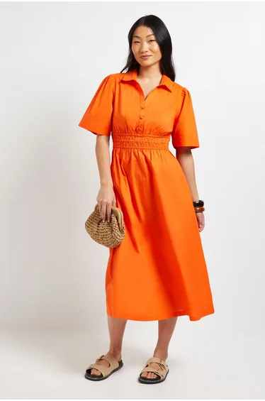 Petite Collar Shirred Waist Detail Poplin Midi Dress
