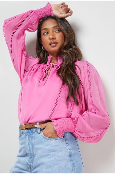 Plain Tie Neck Ruffle Detail Chiffon Blouse
