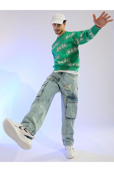 Men Acid Wash Distressed Cargo Jeans