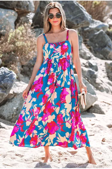 Lvness Dark Blue Floral High Waist Sleeveless Flared Long Dress