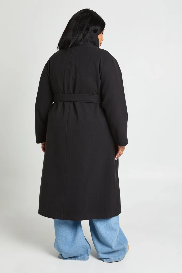 Plus Funnel Neck Belted Wool Look Coat - black - 2