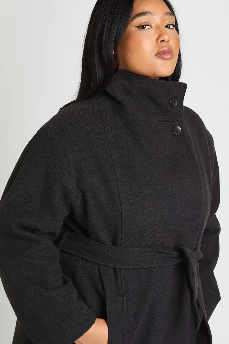 Plus Funnel Neck Belted Wool Look Coat - black - 1