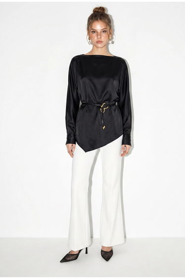 LUCCI Belted Satin Boat Neck Blouse