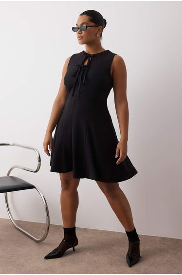 Black Bow A-Line/Waist Open Mini Woven Plus Size Dress
