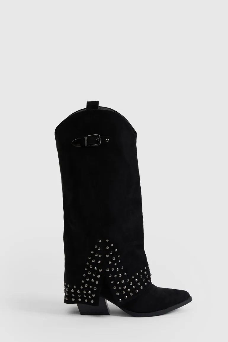 Faux Suede Fold Over Stud Detail Western Boots - black - 2