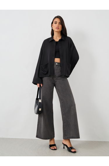 Solid Button Front Boxy Fit Jacket with Patch Pockets