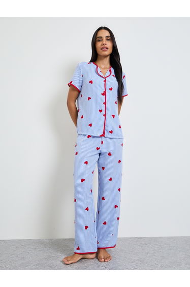 Blue Heart Striped Print Shirt and Pyjama Set
