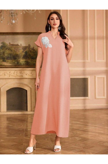 Women Floral Patch Detail Open Collar Maxi Dress