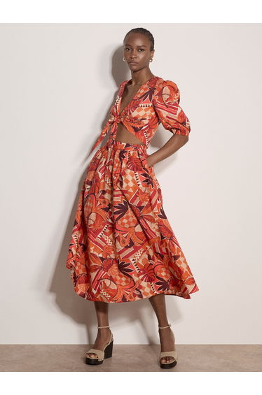 Tropical Leaf Patchwork Cotton Midi Skirt